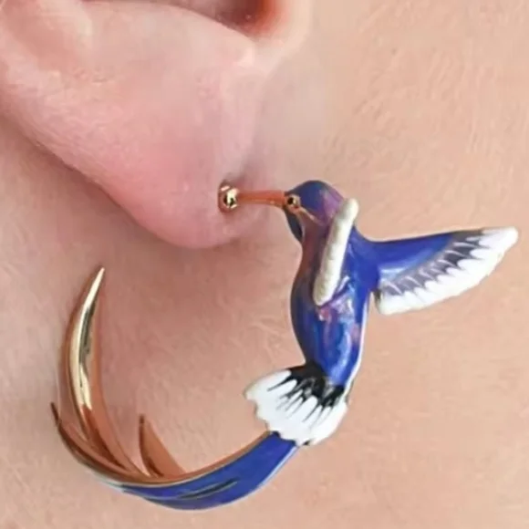 New! Blue Enamel Hummingbird Hoop Earrings • Gold 3D Flying Bird Studs • NWOT - Picture 2 of 4